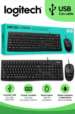 Combo Teclado y Mouse Logitech MK120 USB con Cable – Negro