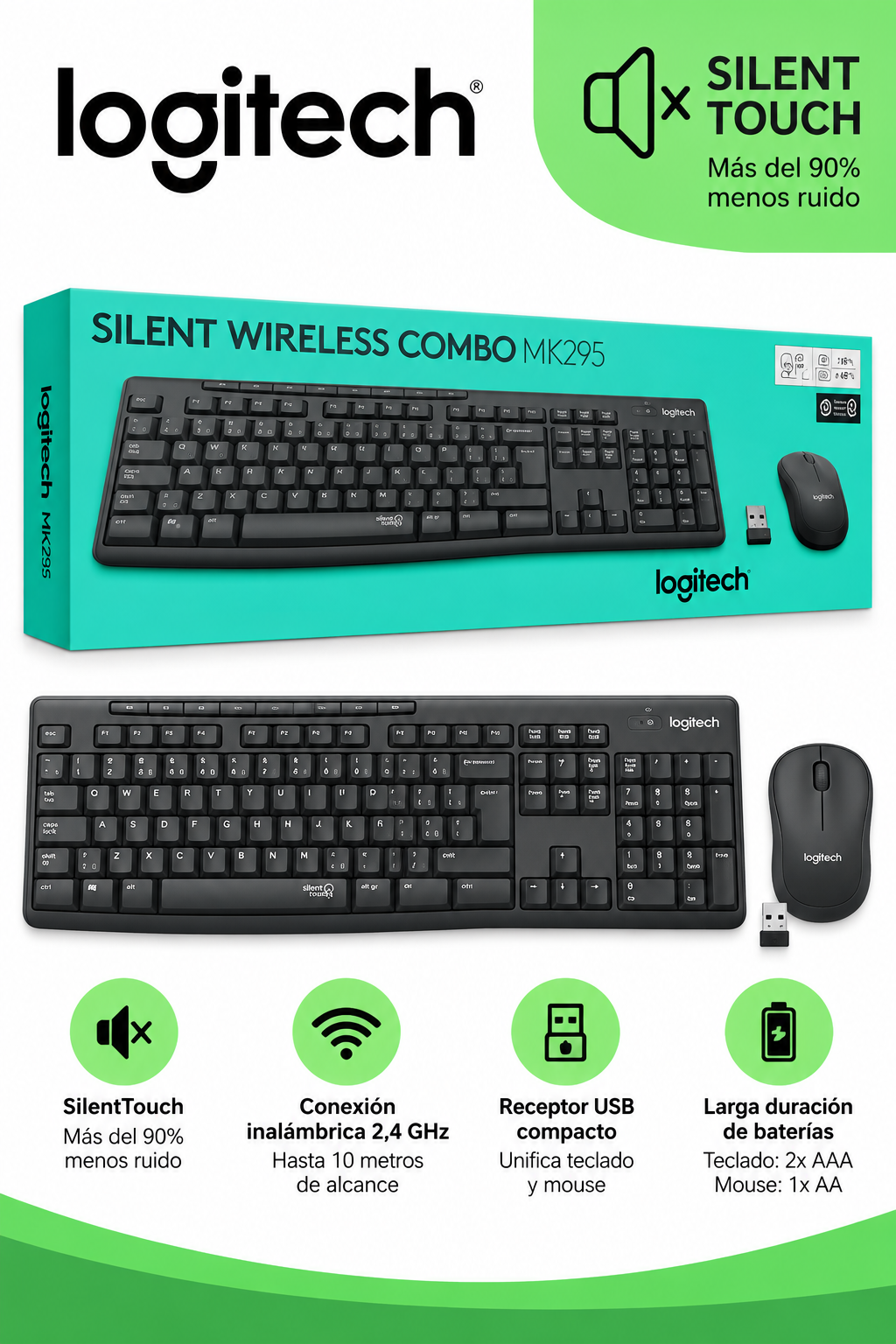 Combo Teclado y Mouse Inalámbrico Logitech MK295 Silent Wireless – Negro